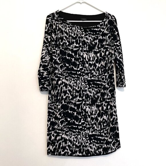 ANN TAYLOR Graphic Sonnet Print Tie Waist Dress Black White Geo Sheath NO BELT M - Picture 2 of 15